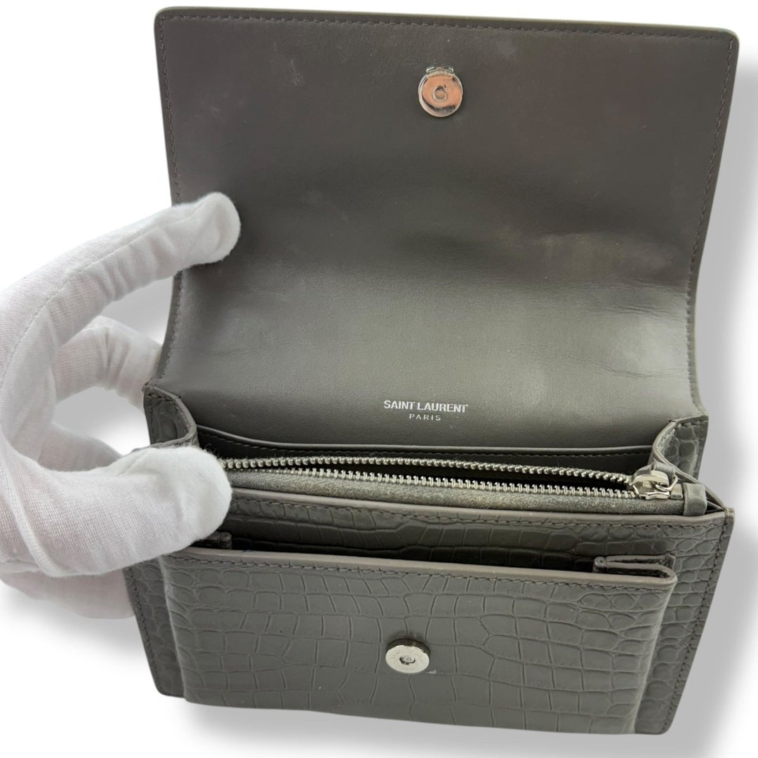 Saint Laurent Grey Croc Embossed Leather Mini Sunset Chain Bag - Lux Central
