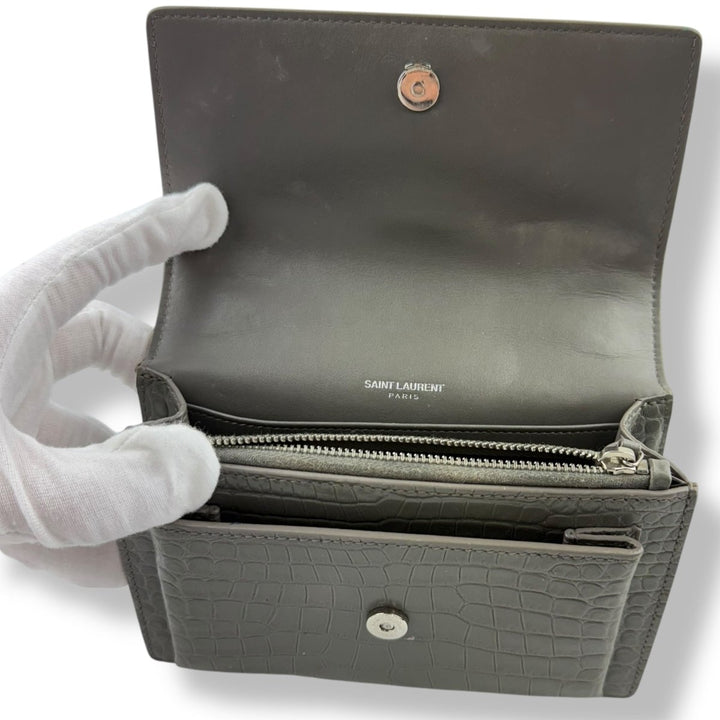 Saint Laurent Grey Croc Embossed Leather Mini Sunset Chain Bag - Lux Central