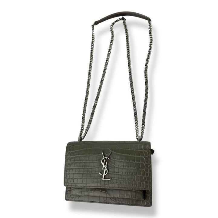 Saint Laurent Grey Croc Embossed Leather Mini Sunset Chain Bag - Lux Central