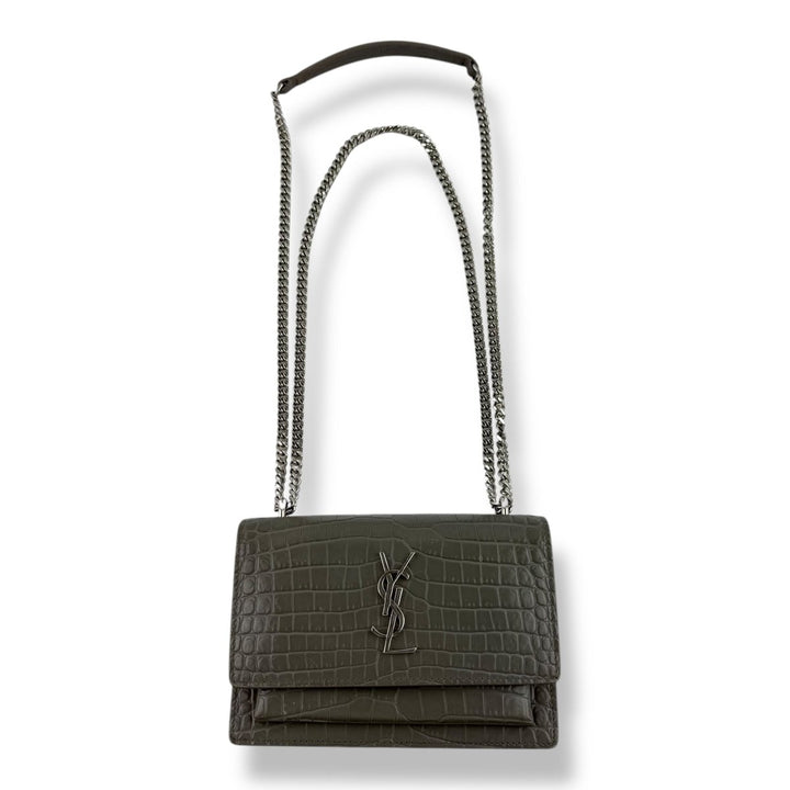 Saint Laurent Grey Croc Embossed Leather Mini Sunset Chain Bag - Lux Central