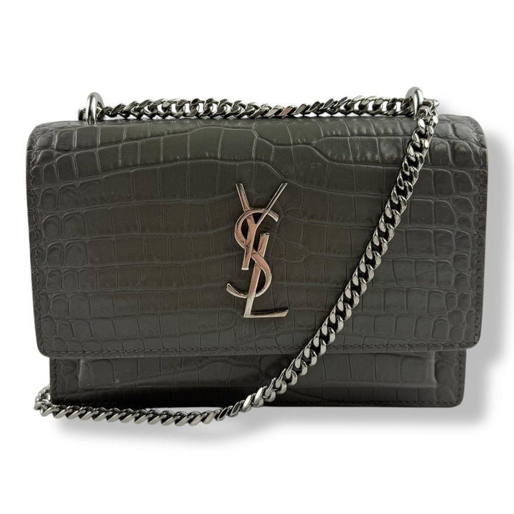 Saint Laurent Grey Croc Embossed Leather Mini Sunset Chain Bag - Lux Central