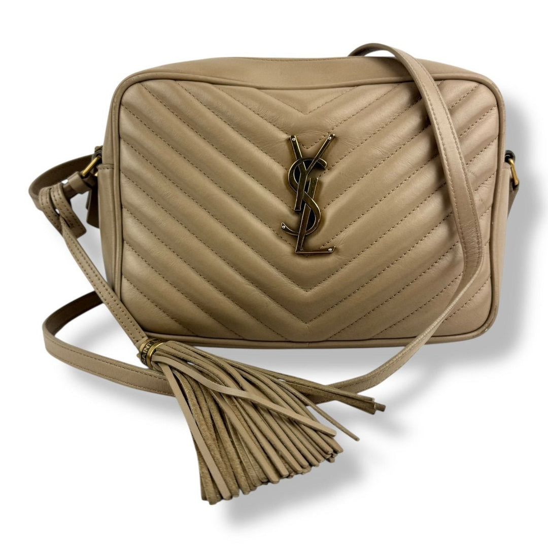 Saint Laurent Medium YSL Beige Lou Black Quilted Leather Crossbody Handbag - Lux Central