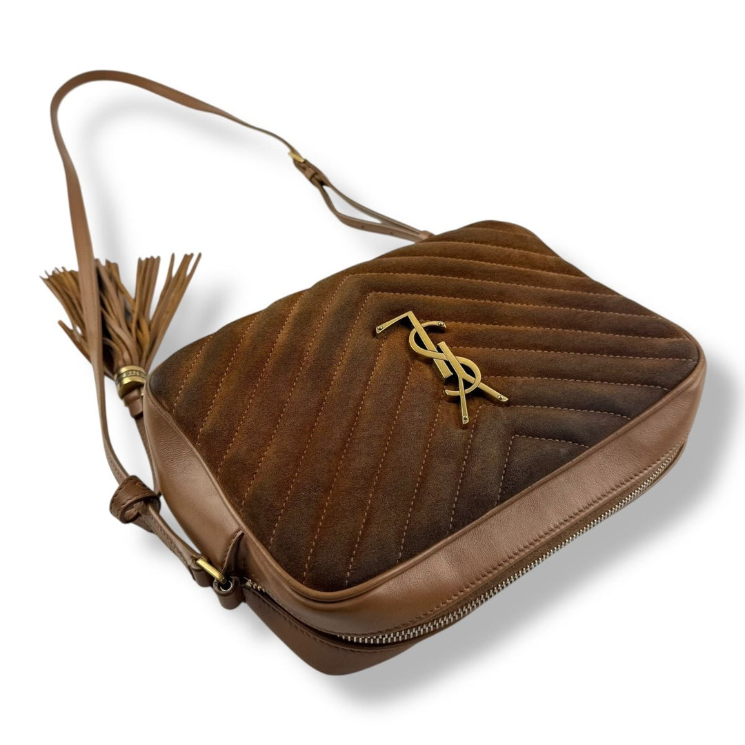 Saint Laurent Medium YSL Brown/Tan Lou Camera Suede/Leather Crossbody Handbag - Lux Central