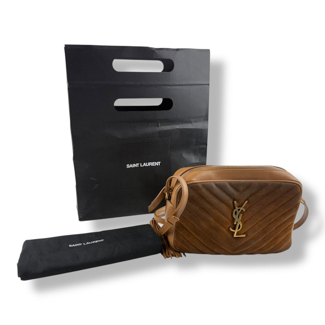 Saint Laurent Medium YSL Brown/Tan Lou Camera Suede/Leather Crossbody Handbag - Lux Central