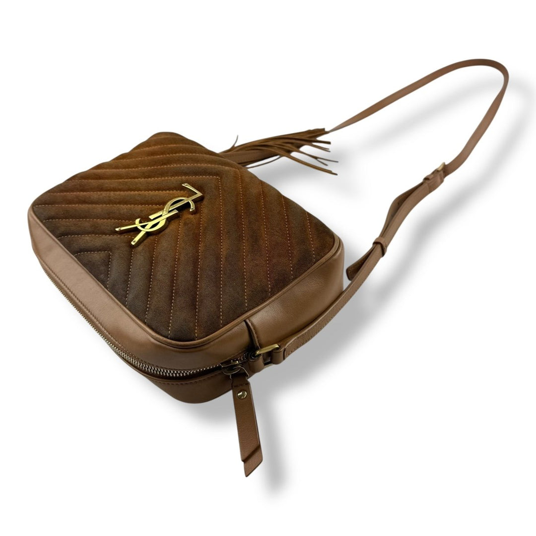 Saint Laurent Medium YSL Brown/Tan Lou Camera Suede/Leather Crossbody Handbag - Lux Central