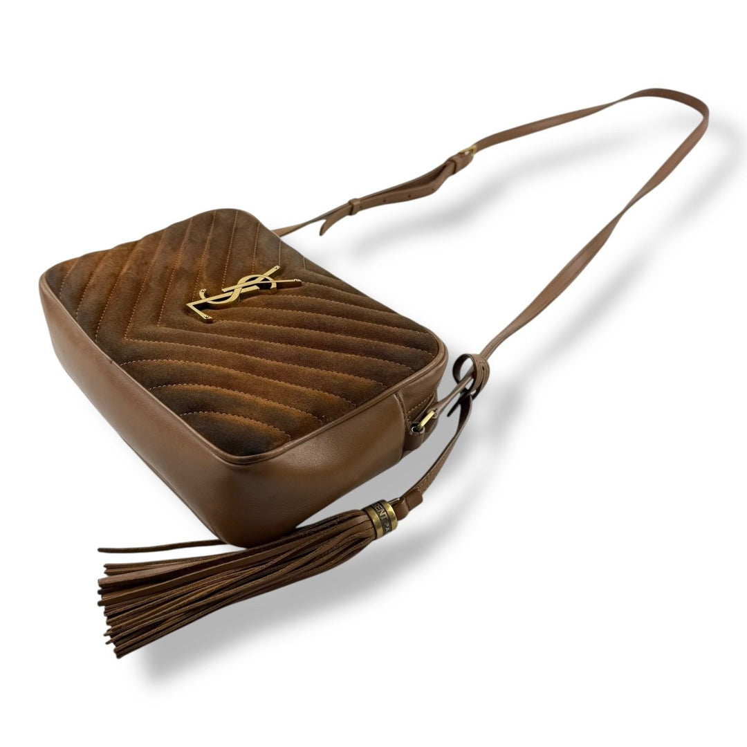 Saint Laurent Medium YSL Brown/Tan Lou Camera Suede/Leather Crossbody Handbag - Lux Central