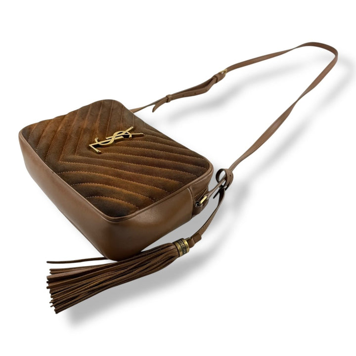Saint Laurent Medium YSL Brown/Tan Lou Camera Suede/Leather Crossbody Handbag - Lux Central