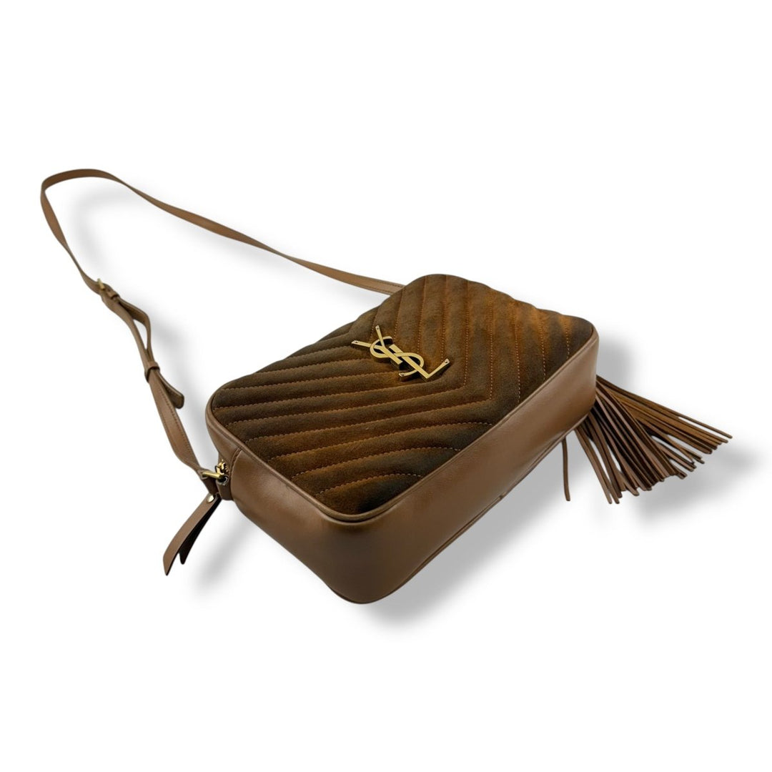 Saint Laurent Medium YSL Brown/Tan Lou Camera Suede/Leather Crossbody Handbag - Lux Central