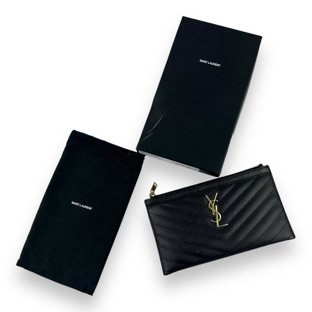 Saint Laurent YSL Black Cassandre Matalesse Leather Clutch Pouch - Lux Central