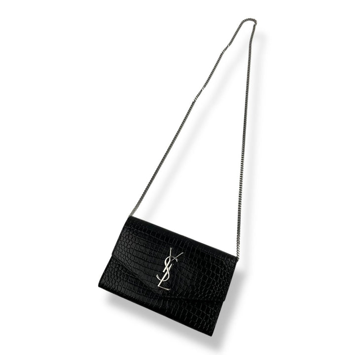 Saint Laurent YSL Black Croc Embossed Leather Wallet On Chain Handbag - Lux Central