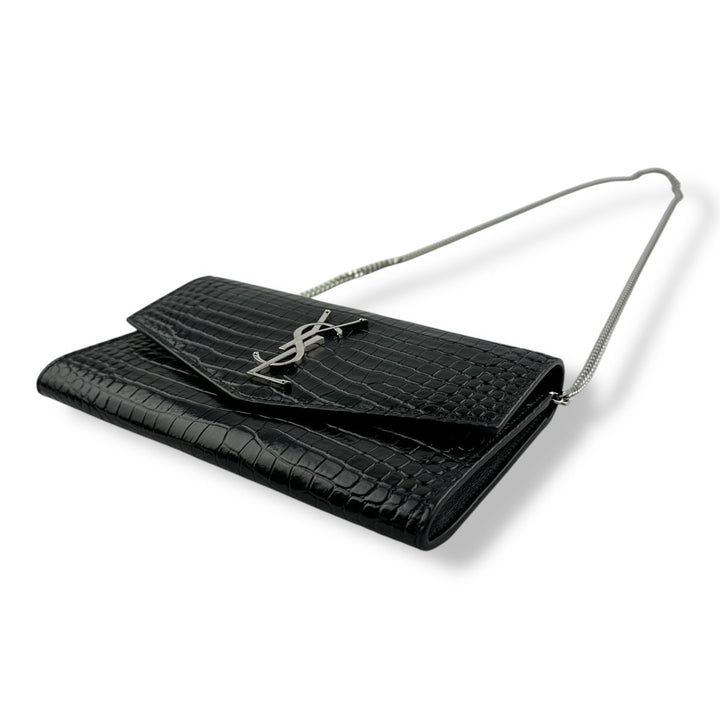 Saint Laurent YSL Black Croc Embossed Leather Wallet On Chain Handbag - Lux Central