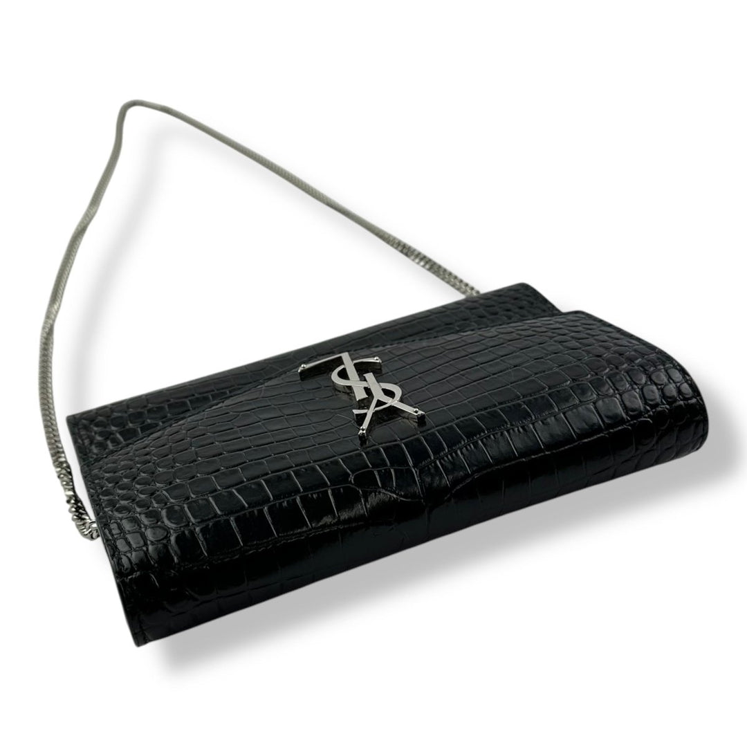 Saint Laurent YSL Black Croc Embossed Leather Wallet On Chain Handbag - Lux Central