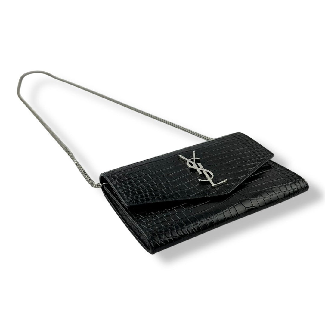 Saint Laurent YSL Black Croc Embossed Leather Wallet On Chain Handbag - Lux Central