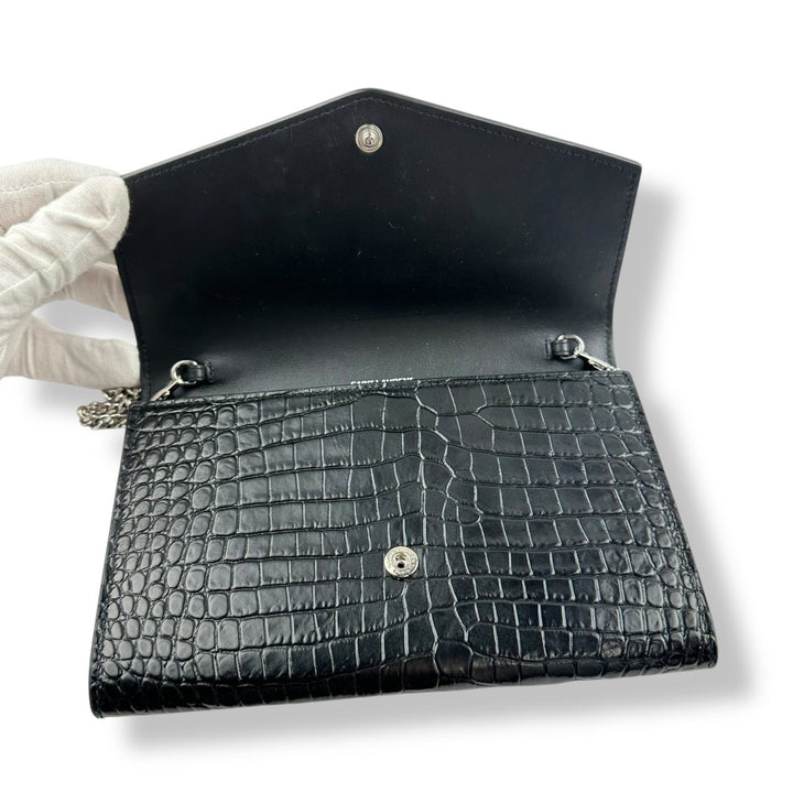 Saint Laurent YSL Black Croc Embossed Leather Wallet On Chain Handbag - Lux Central