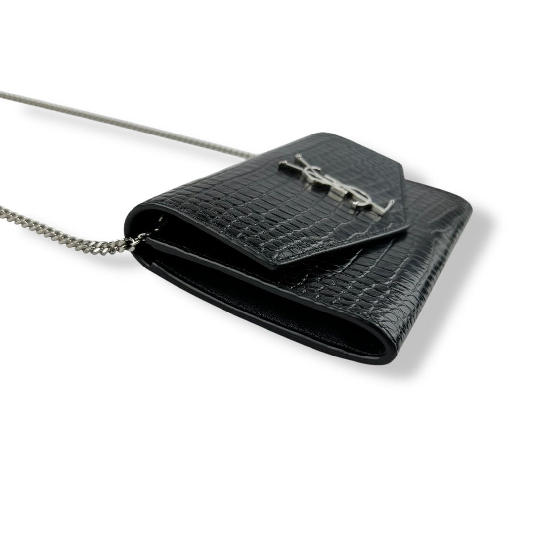 Saint Laurent YSL Black Croc Embossed Leather Wallet On Chain Handbag - Lux Central