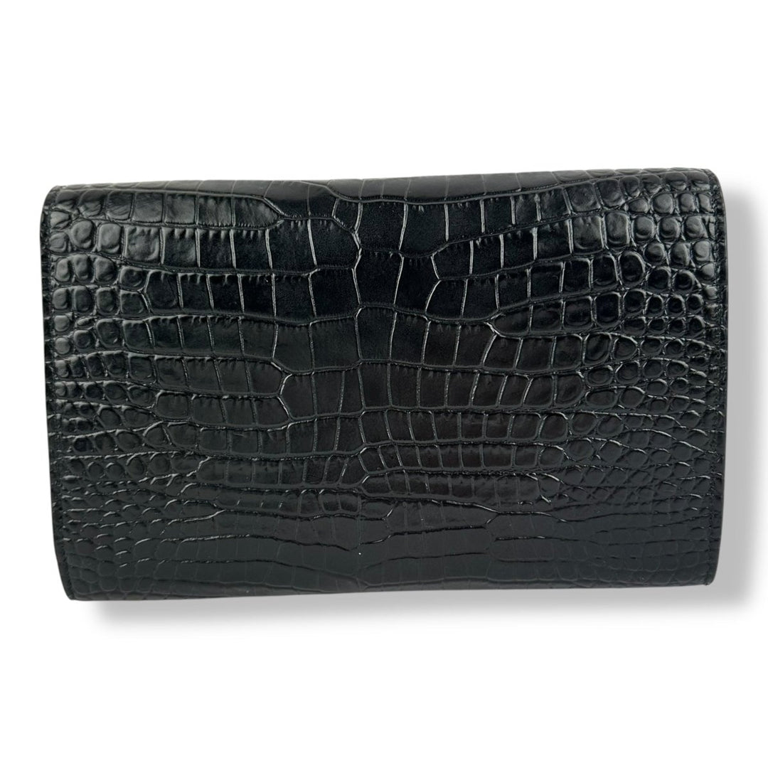 Saint Laurent YSL Black Croc Embossed Leather Wallet On Chain Handbag - Lux Central