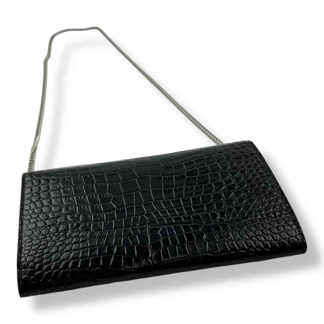 Saint Laurent YSL Black Croc Embossed Leather Wallet On Chain Handbag - Lux Central