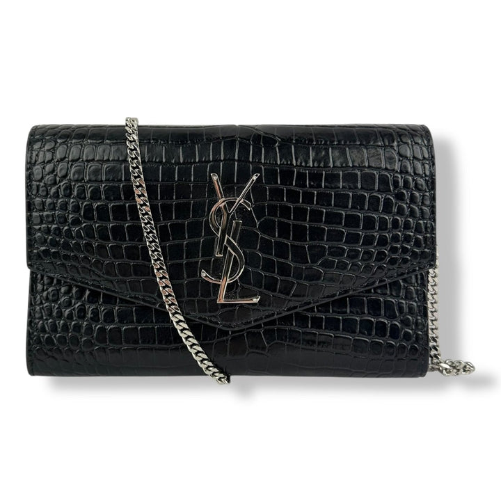 Saint Laurent YSL Black Croc Embossed Leather Wallet On Chain Handbag - Lux Central