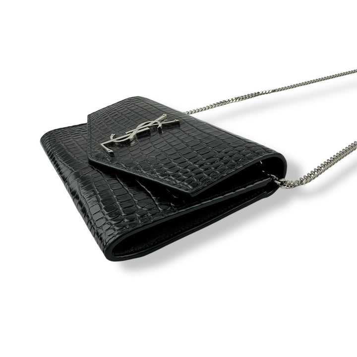 Saint Laurent YSL Black Croc Embossed Leather Wallet On Chain Handbag - Lux Central