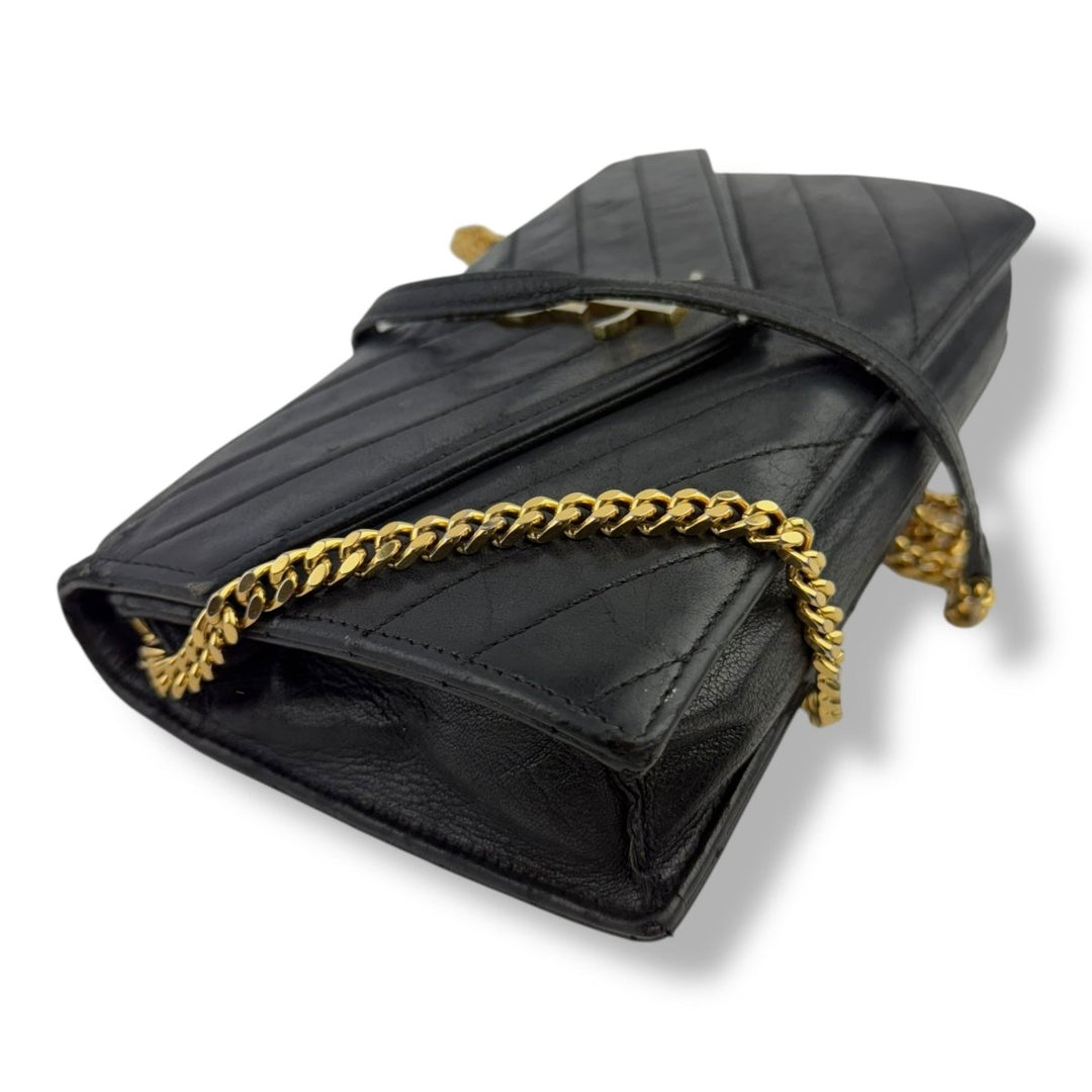 Saint Laurent YSL Black Envelope Leather Wallet On Chain Handbag - Lux Central