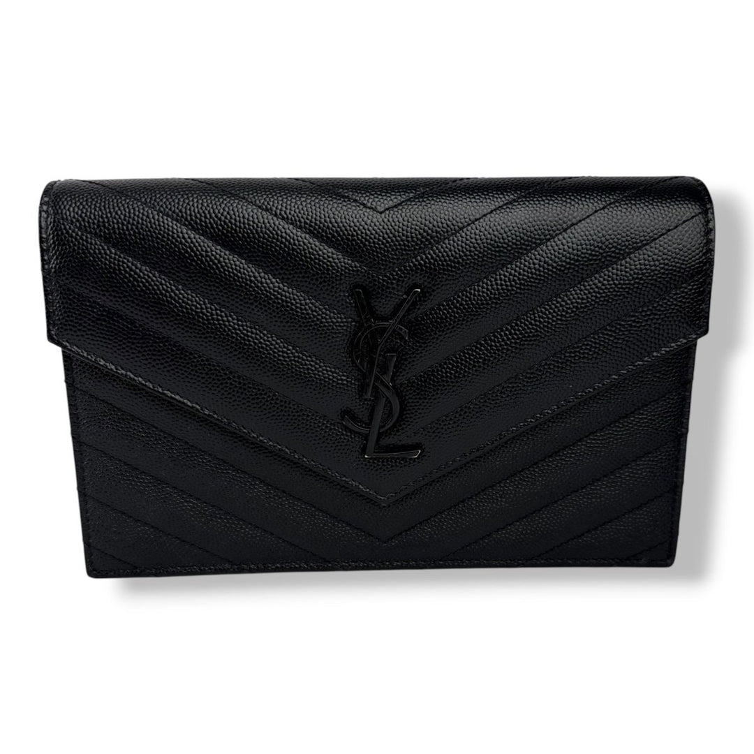 Saint Laurent YSL Black Envelope Leather Wallet On Chain Handbag - Lux Central