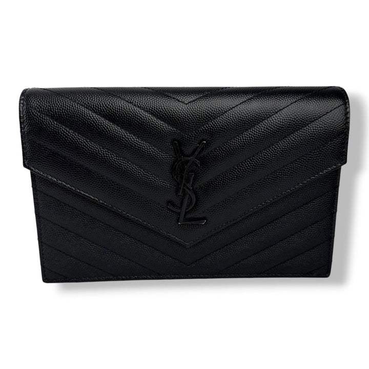 Saint Laurent YSL Black Envelope Leather Wallet On Chain Handbag - Lux Central