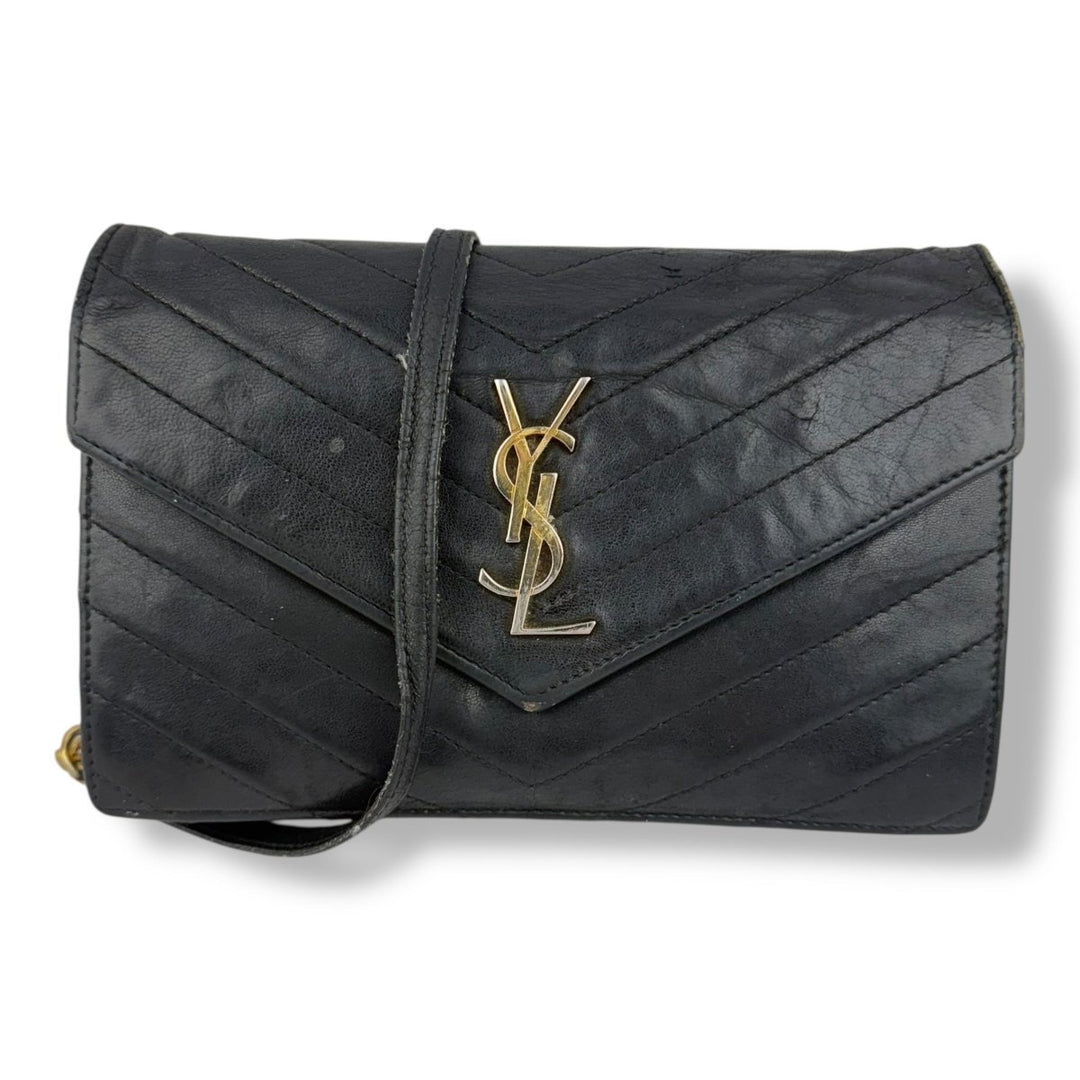Saint Laurent YSL Black Envelope Leather Wallet On Chain Handbag - Lux Central