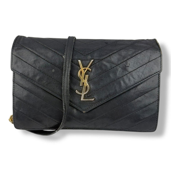 Saint Laurent YSL Black Envelope Leather Wallet On Chain Handbag - Lux Central