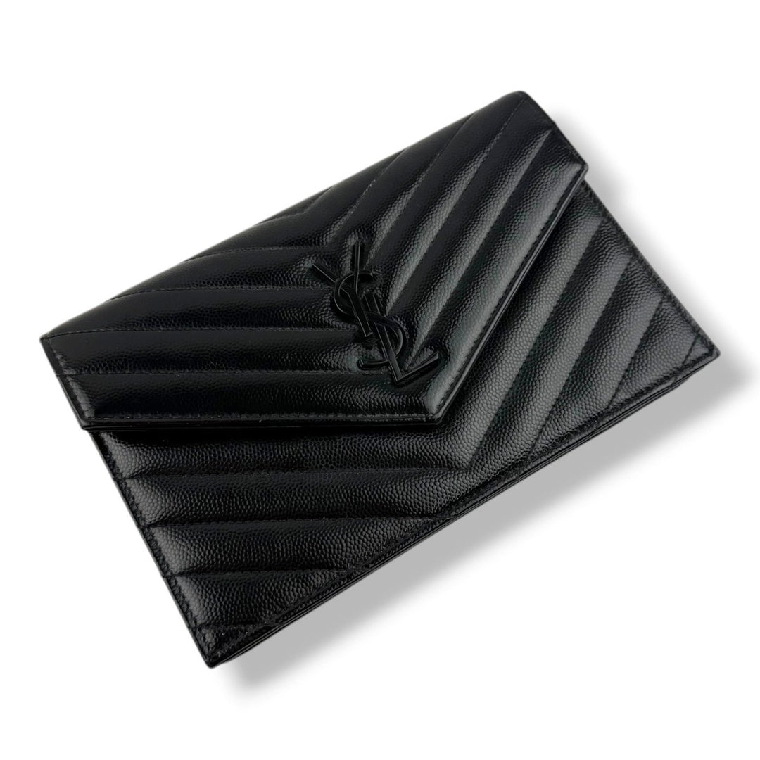 Saint Laurent YSL Black Envelope Leather Wallet On Chain Handbag - Lux Central