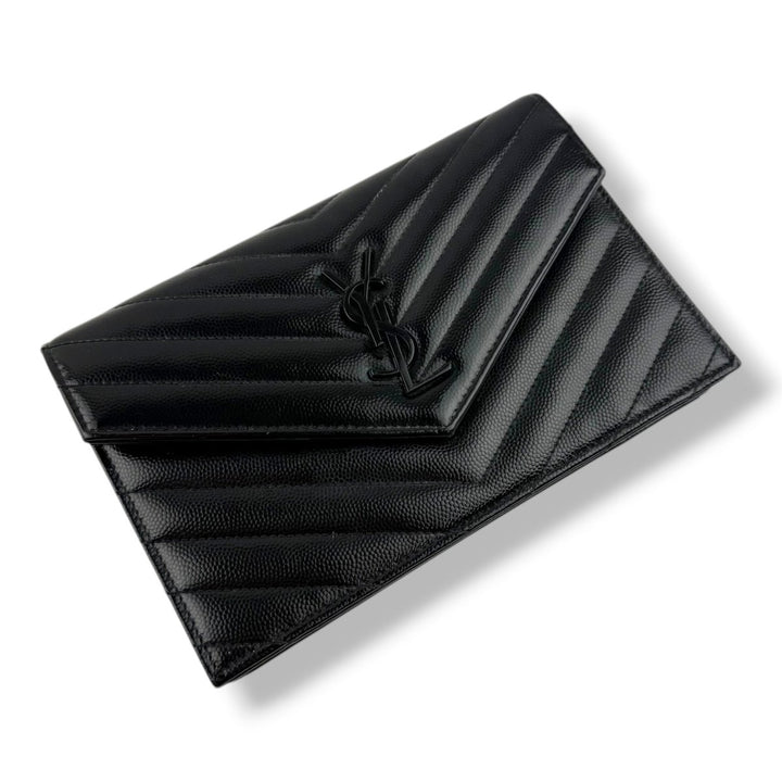 Saint Laurent YSL Black Envelope Leather Wallet On Chain Handbag - Lux Central
