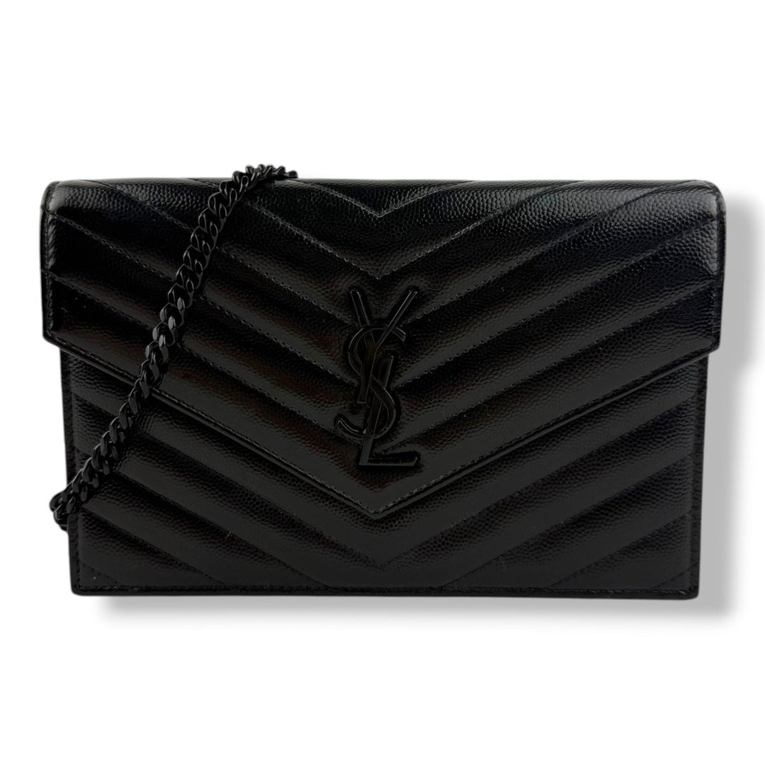 Saint Laurent YSL Black Envelope Leather Wallet On Chain Handbag - Lux Central