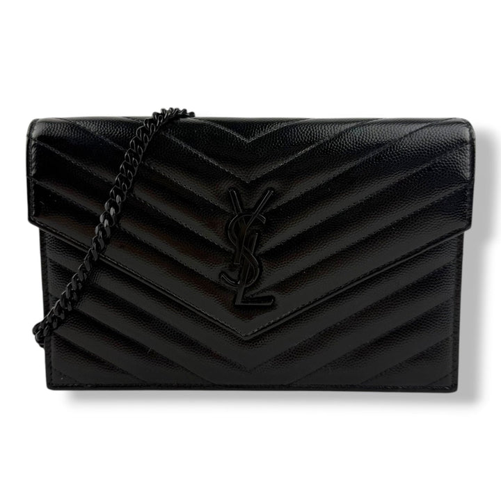 Saint Laurent YSL Black Envelope Leather Wallet On Chain Handbag - Lux Central