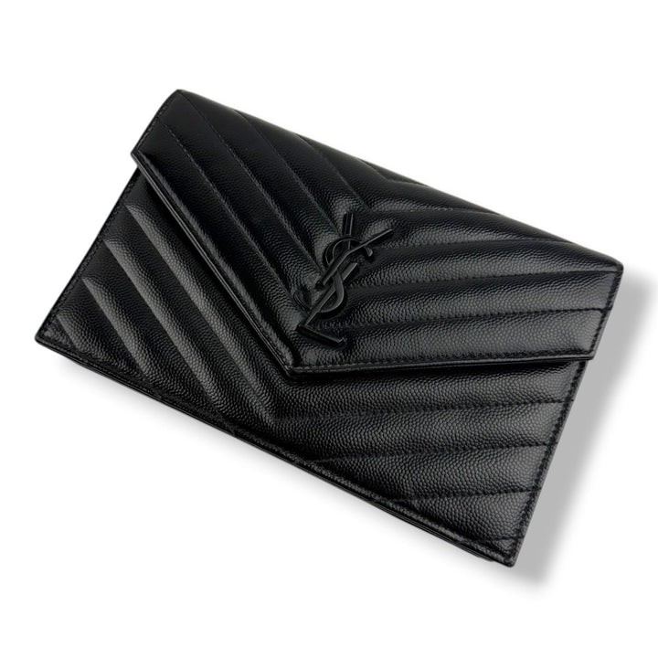 Saint Laurent YSL Black Envelope Leather Wallet On Chain Handbag - Lux Central
