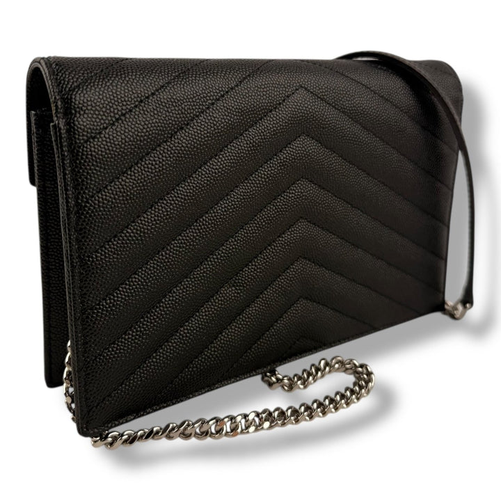 Saint Laurent YSL Black Grained Envelope Leather Wallet On Chain Handbag - Lux Central