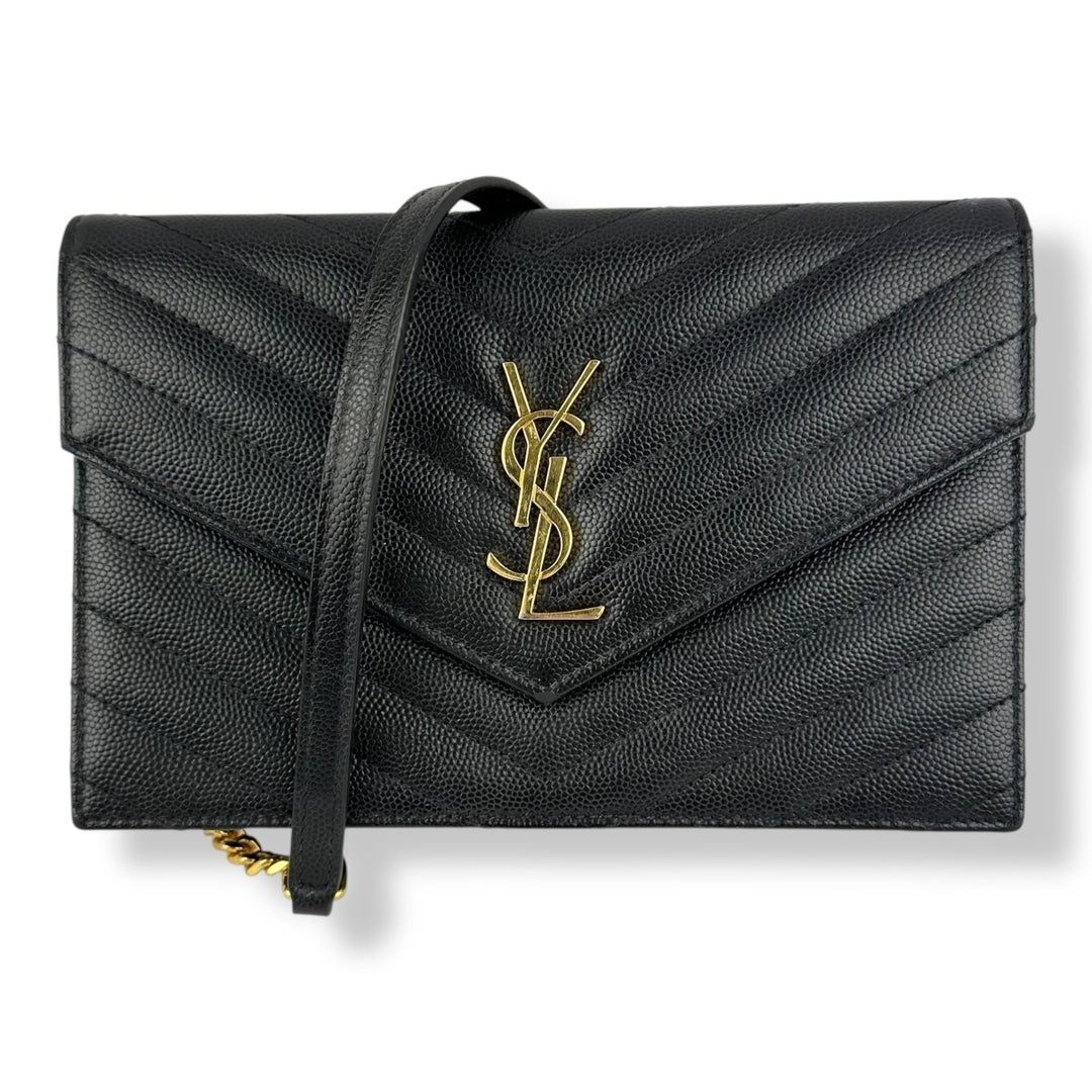 Saint Laurent YSL Black Grained Envelope Leather Wallet On Chain Handbag - Lux Central