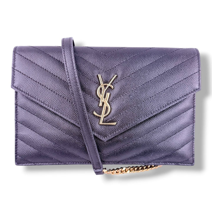 Saint Laurent YSL Black Grained Envelope Leather Wallet On Chain Handbag - Lux Central