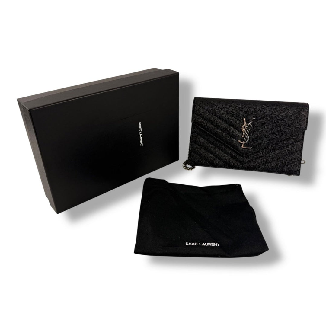 Saint Laurent YSL Black Grained Envelope Leather Wallet On Chain Handbag - Lux Central
