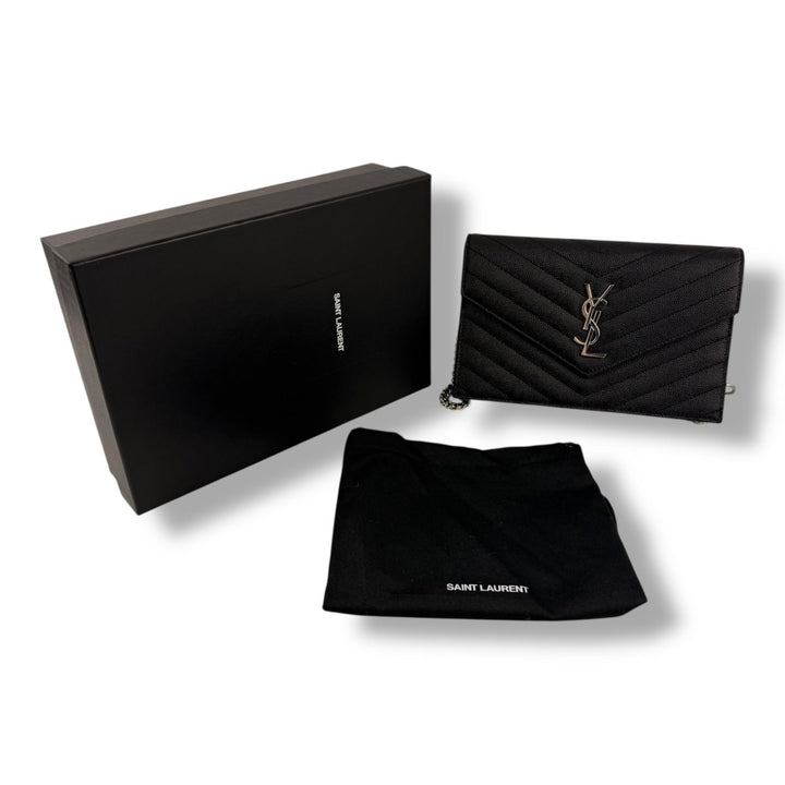 Saint Laurent YSL Black Grained Envelope Leather Wallet On Chain Handbag - Lux Central