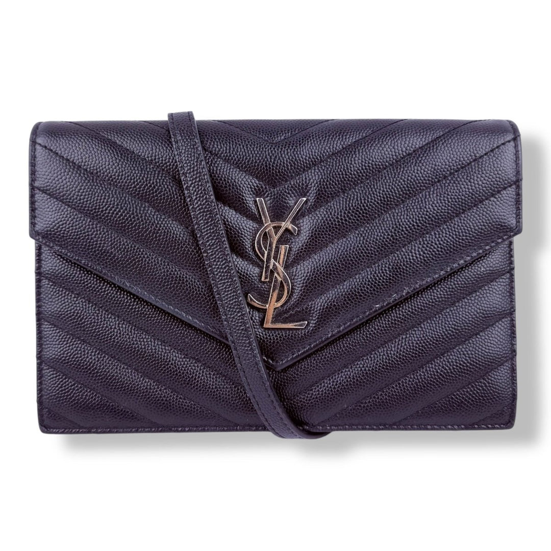 Saint Laurent YSL Black Grained Envelope Leather Wallet On Chain Handbag - Lux Central