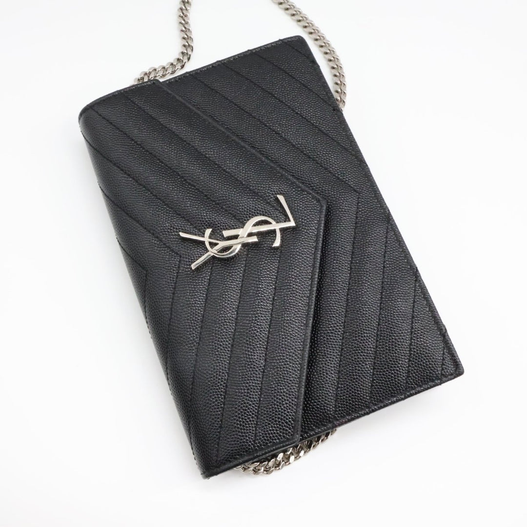 Saint Laurent YSL Black Grained Envelope Leather Wallet On Chain Handbag - Lux Central