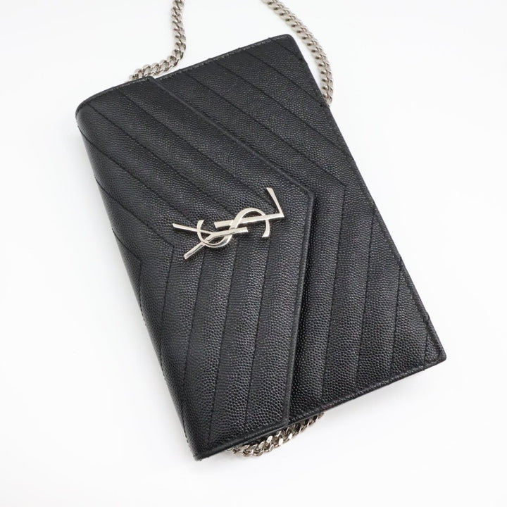 Saint Laurent YSL Black Grained Envelope Leather Wallet On Chain Handbag - Lux Central
