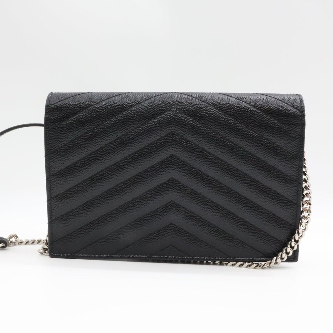 Saint Laurent YSL Black Grained Envelope Leather Wallet On Chain Handbag - Lux Central