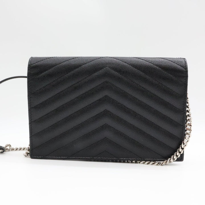 Saint Laurent YSL Black Grained Envelope Leather Wallet On Chain Handbag - Lux Central