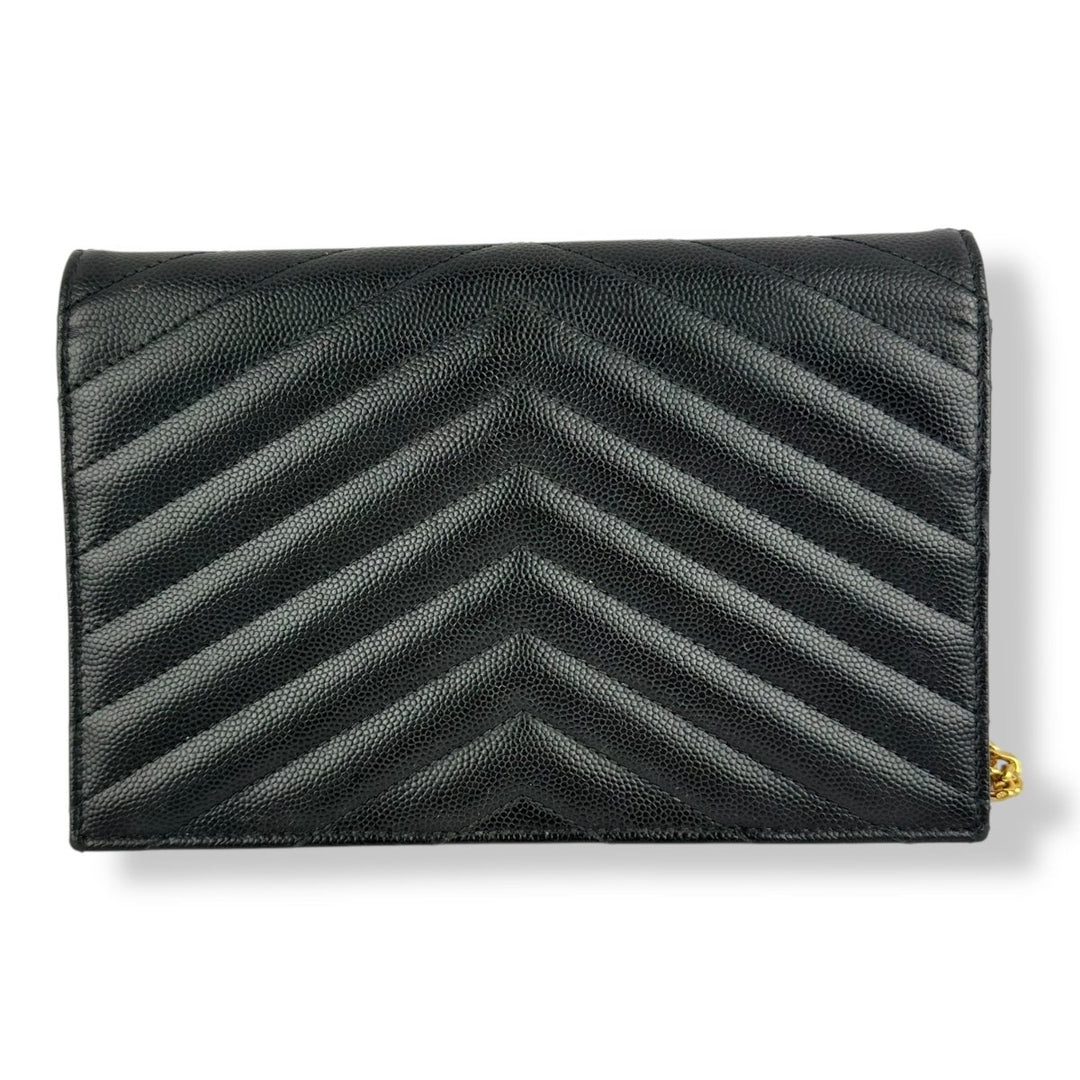 Saint Laurent YSL Black Grained Envelope Leather Wallet On Chain Handbag - Lux Central