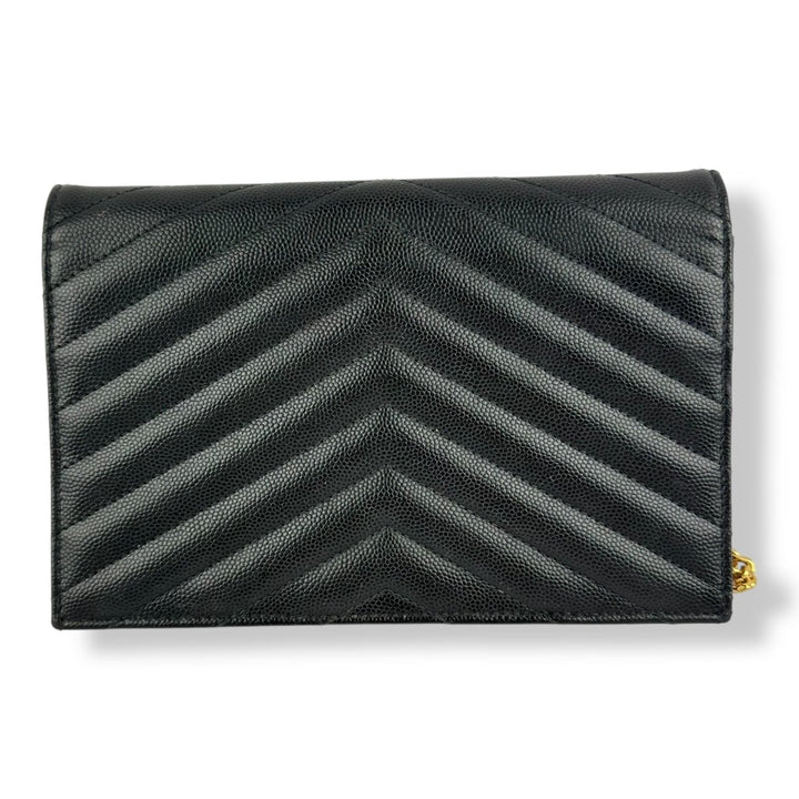 Saint Laurent YSL Black Grained Envelope Leather Wallet On Chain Handbag - Lux Central