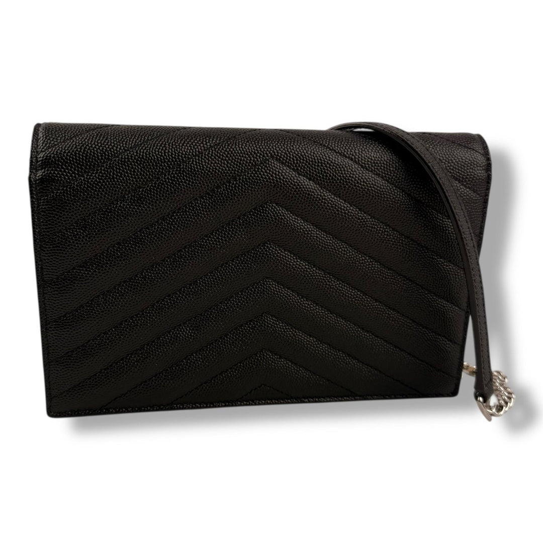 Saint Laurent YSL Black Grained Envelope Leather Wallet On Chain Handbag - Lux Central