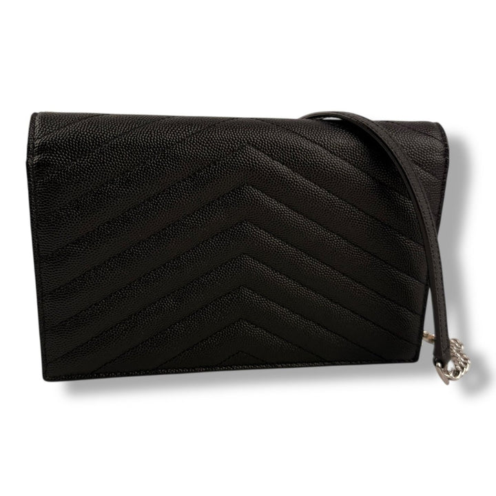 Saint Laurent YSL Black Grained Envelope Leather Wallet On Chain Handbag - Lux Central
