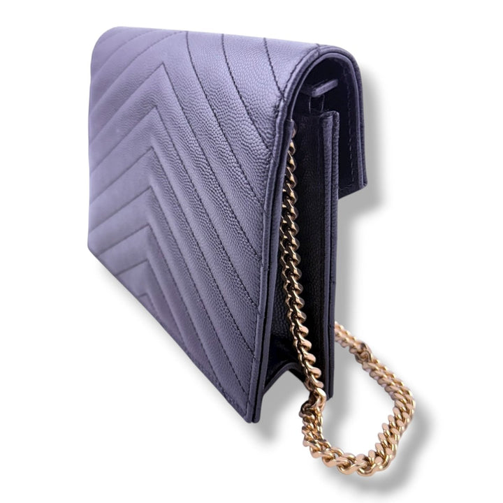 Saint Laurent YSL Black Grained Envelope Leather Wallet On Chain Handbag - Lux Central