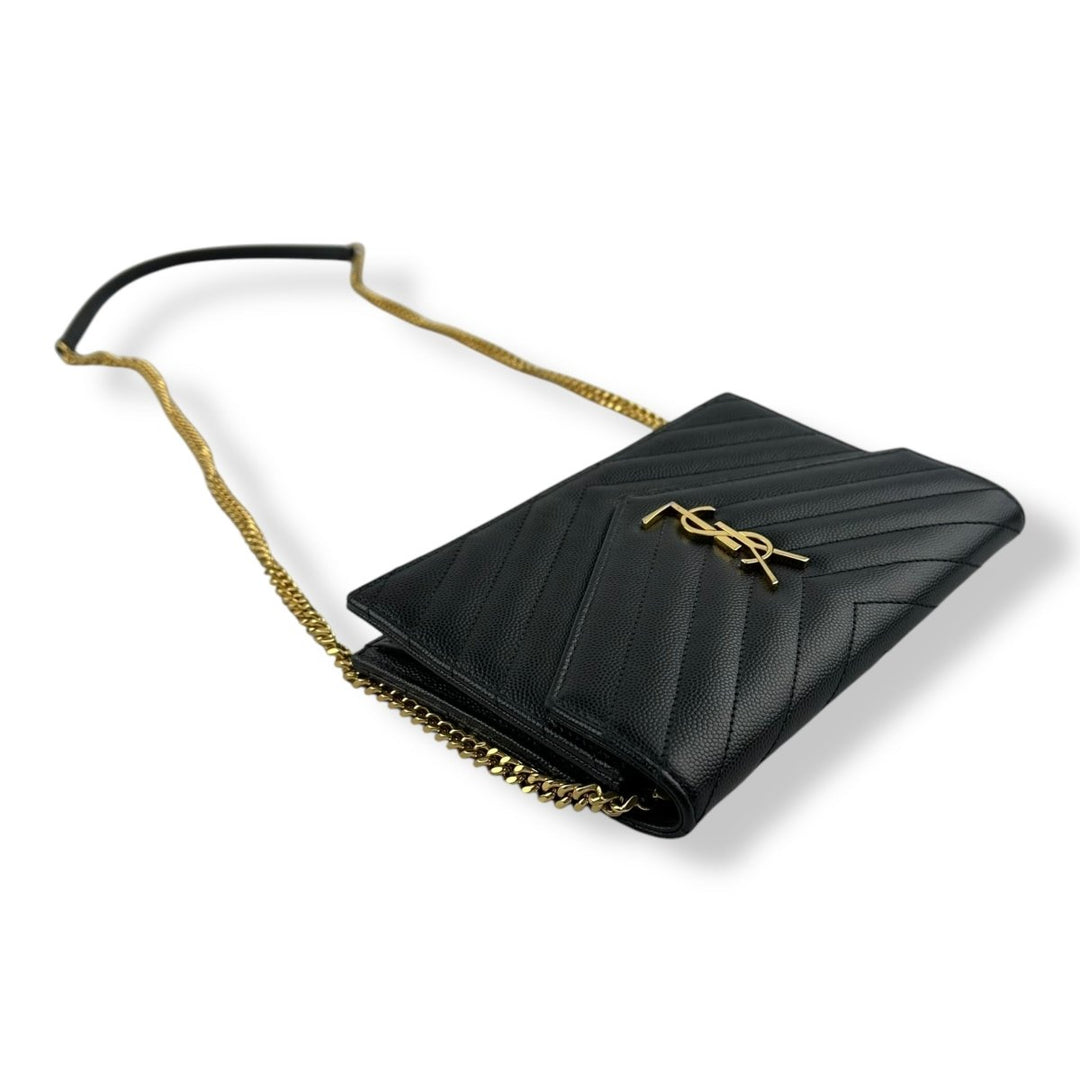 Saint Laurent YSL Black Grained Envelope Leather Wallet On Chain Handbag - Lux Central