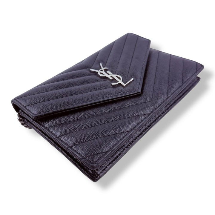Saint Laurent YSL Black Grained Envelope Leather Wallet On Chain Handbag - Lux Central